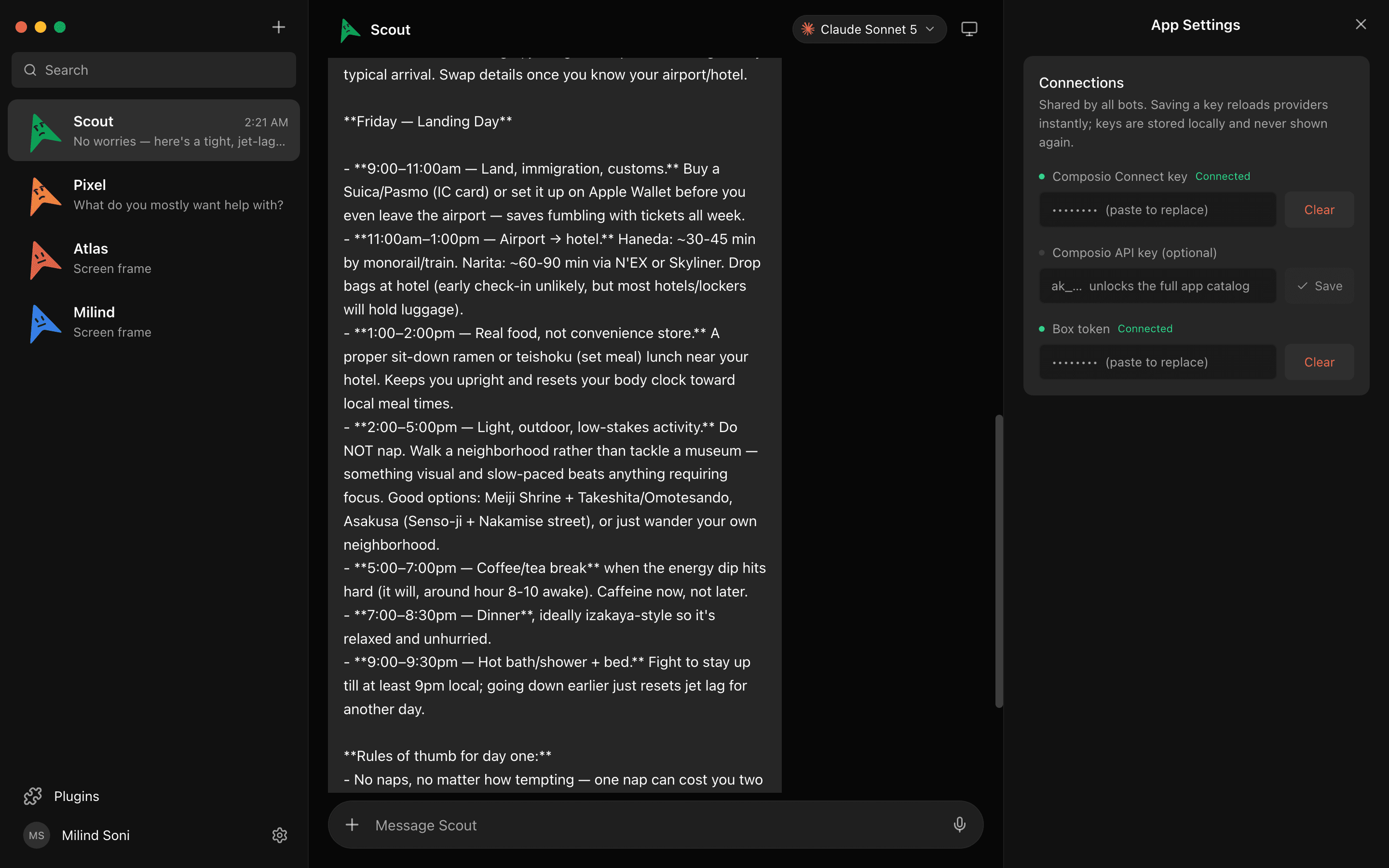 MausBot app settings showing the configured model providers, with Codex and Claude both connected