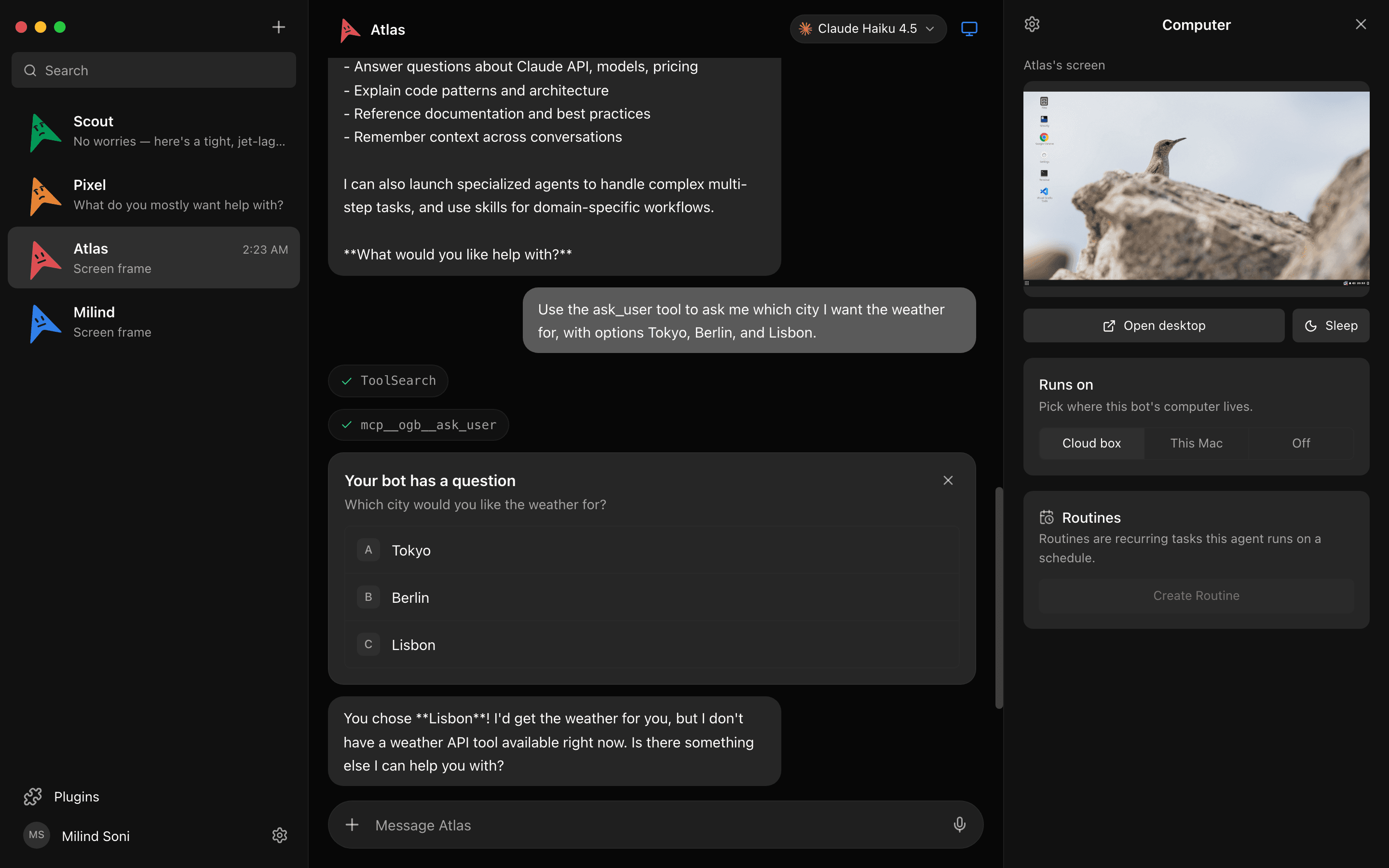 The MausBot computer panel with a live preview of a bot's cloud desktop