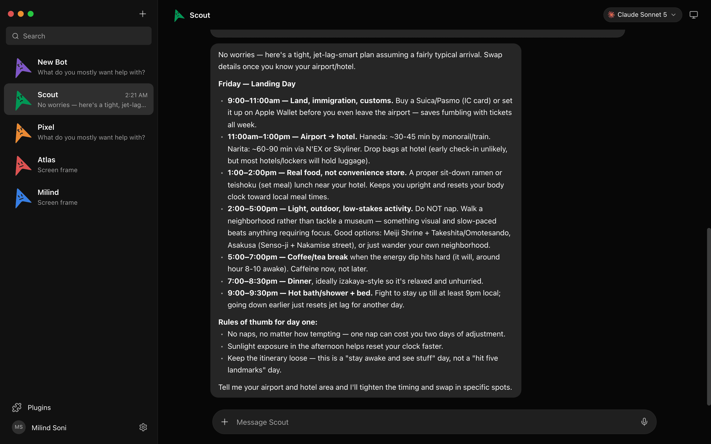 MausBot, a Telegram-style chat app where every chat in the sidebar is a real AI agent
